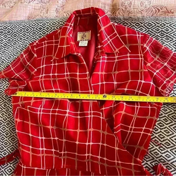 Vtg 90s Ice 100% Silk Red Wavy Plaid Collared Wrap Dress - Size 8 - Picture 6 of 7